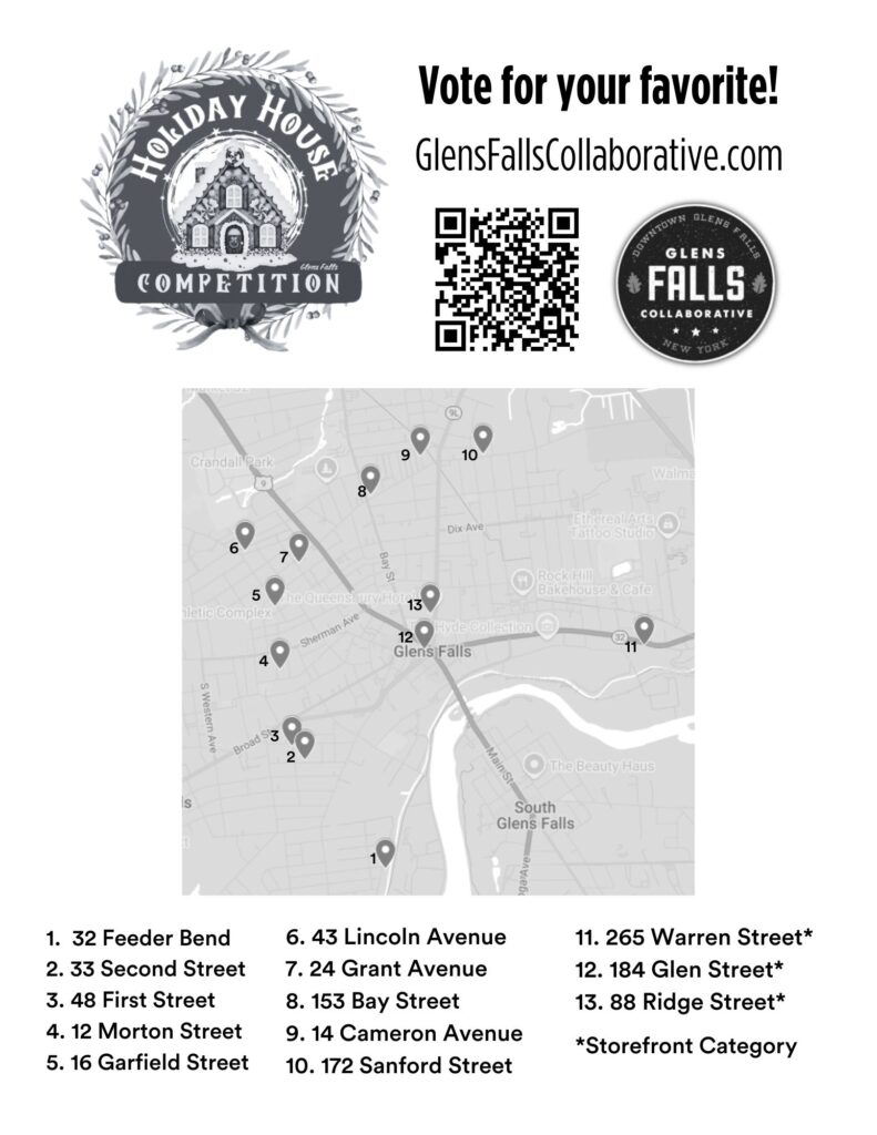 Grayscale map of Glens Falls with the Holiday House and Glens Falls Collaborative logos, a QR code linking to this website and a list of houses participating in the competition